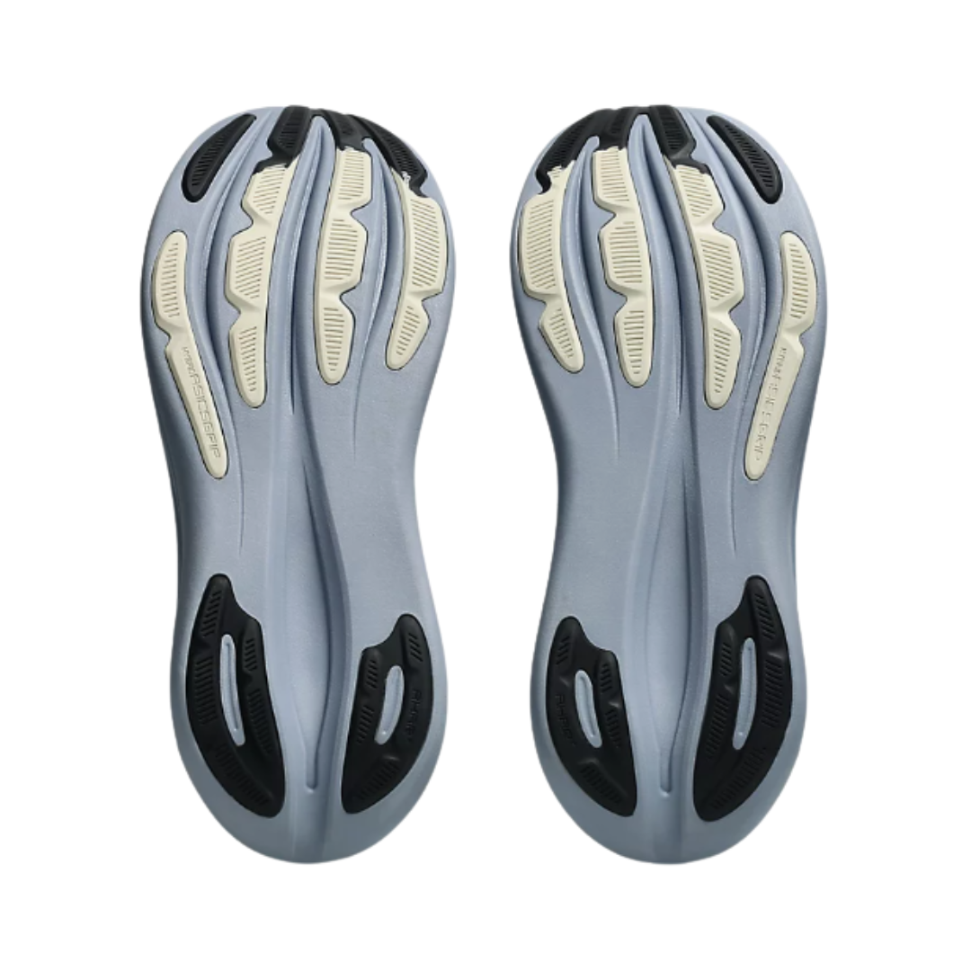 Bottom view of the Men's ASICS Gel-Nimbus 28 in Blue Grey/Black, featuring the HYBRID ASICSGRIP™ rubber outsole designed to deliver durable traction, flexibility, and reliable performance across varied surfaces.