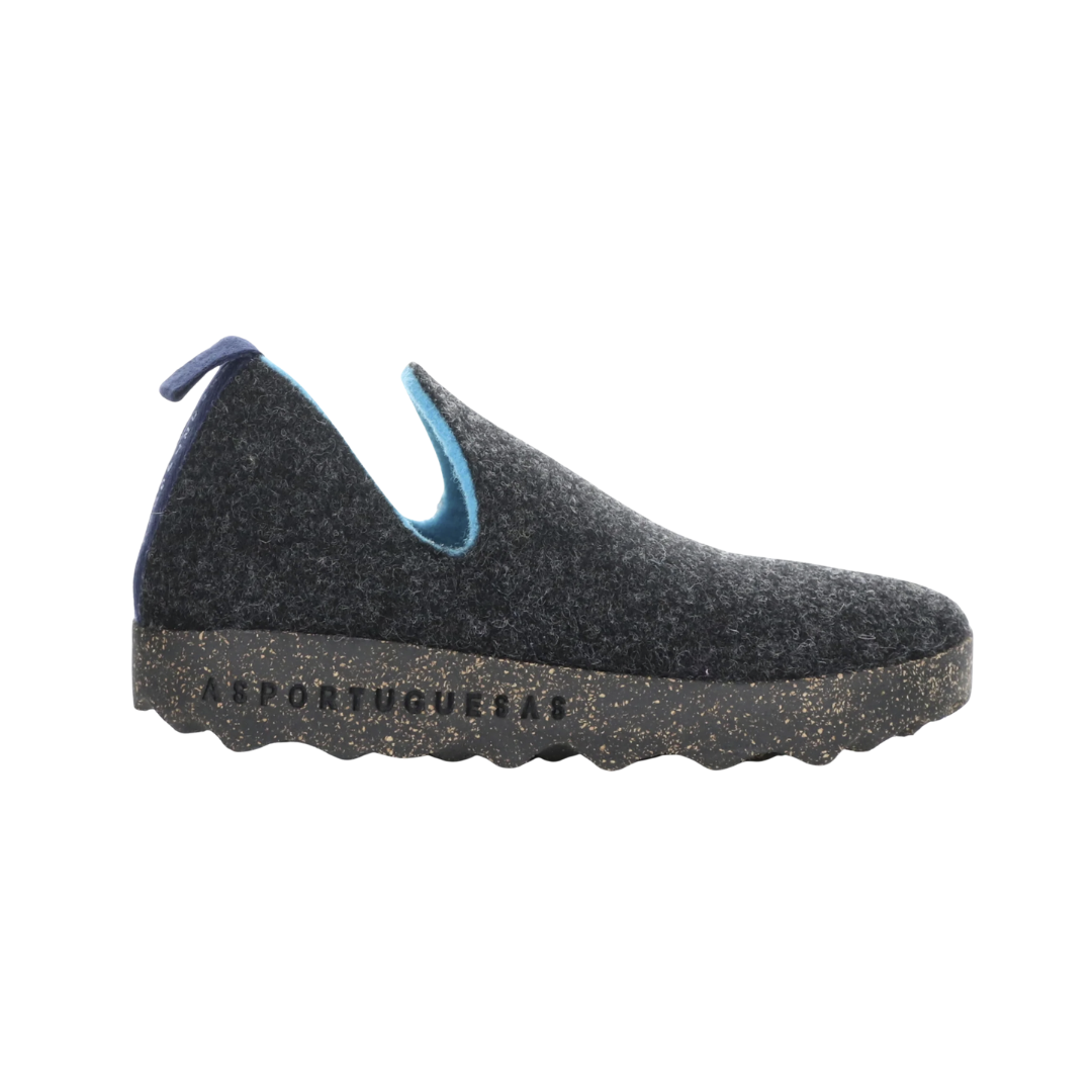 Side view of the Asportuguesas Women’s City Slip-On Shoe in Anthracite, showing the wool blend upper, elastic goring for a secure fit, and sleek slip-on design for easy everyday wear.