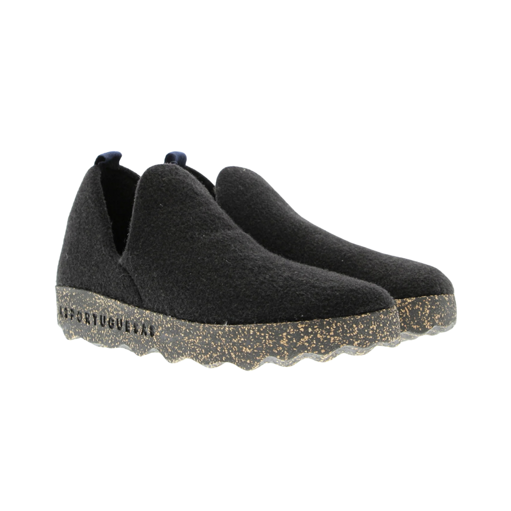 Side view of the Asportuguesas Women's City Slip-On Shoe in Black Tweed, showing the wool blend upper, elastic goring for a secure fit, and sleek slip-on design for easy everyday wear.