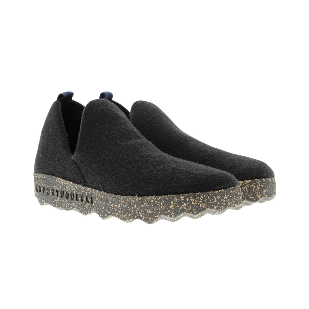 Side view of the Asportuguesas Women's City Slip-On Shoe in Black Tweed, showing the wool blend upper, elastic goring for a secure fit, and sleek slip-on design for easy everyday wear.