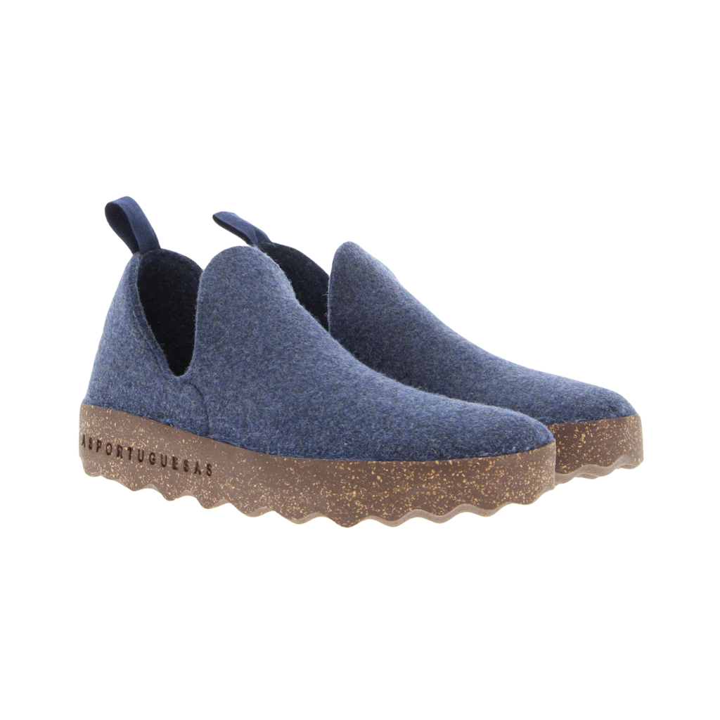 Asportuguesas City Slip-On Shoe in Blue Rewooly, sustainable casual slip-on footwear featuring a breathable wool blend upper, minimalist styling, removable cushioned insole, and lightweight cork rubber outsole.