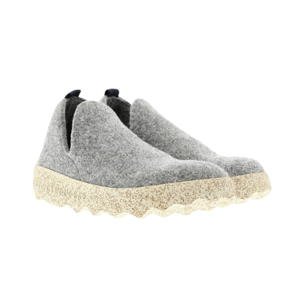 Asportuguesas City Slip-On Shoe in Concrete Tweed, sustainable casual slip-on footwear featuring a breathable wool blend upper, minimalist styling, removable cushioned insole, and lightweight cork rubber outsole.