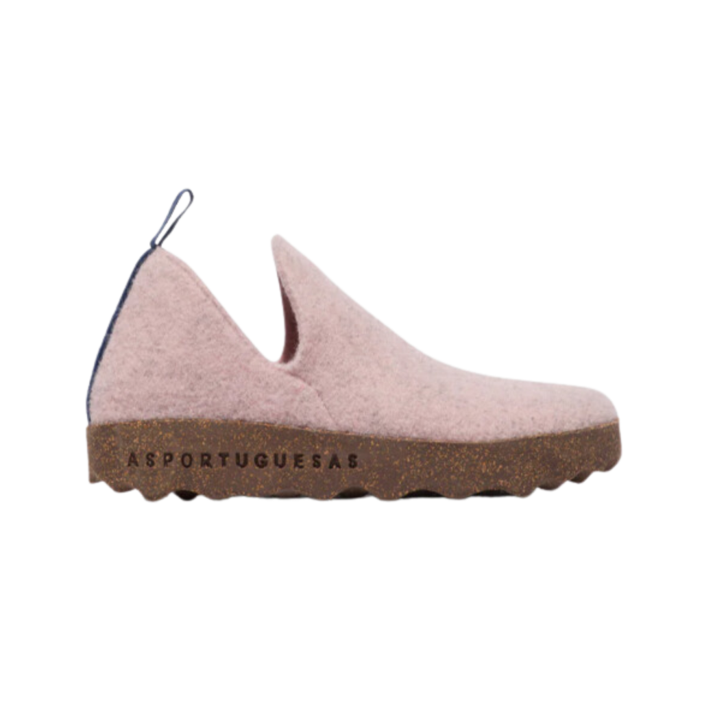 Side view of the Asportuguesas Women’s City Slip-On Shoe in Marble Pink, showing the wool blend upper, elastic goring for a secure fit, and sleek slip-on design for easy everyday wear.