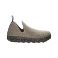 Side view of the Asportuguesas Women’s City Slip-On Shoe in Taupe Tweed, showing the wool blend upper, elastic goring for a secure fit, and sleek slip-on design for easy everyday wear.