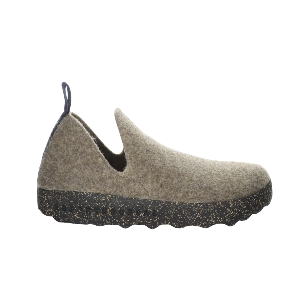 Side view of the Asportuguesas Women’s City Slip-On Shoe in Taupe Tweed, showing the wool blend upper, elastic goring for a secure fit, and sleek slip-on design for easy everyday wear.