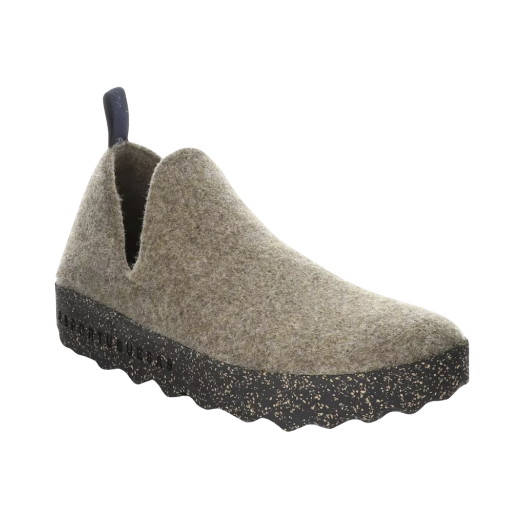 Asportuguesas City Slip-On Shoe in Taupe Tweed, sustainable casual slip-on footwear featuring a breathable wool blend upper, minimalist styling, removable cushioned insole, and lightweight cork rubber outsole.