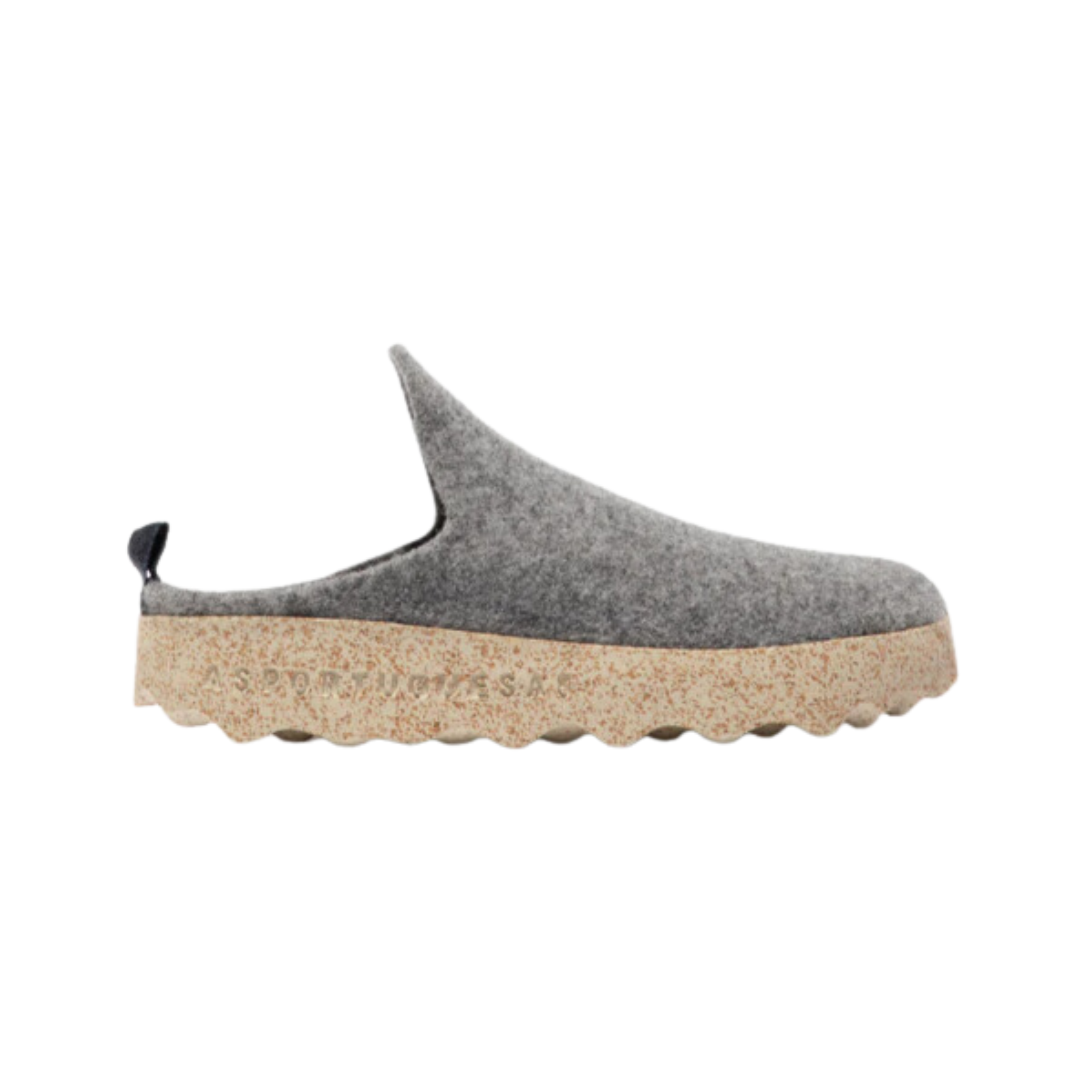 Side view of the Asportuguesas Men’s Come Slip-On Shoe in Concrete Tweed, showing the slip-on opening with elastic side panels and breathable wool blend upper for comfortable, adaptable wear.