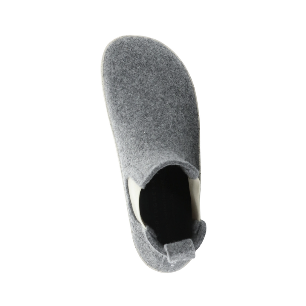 Top view of the Asportuguesas Women’s Caia Chelsea Boot in Concrete displaying the soft wool upper, Chelsea boot opening, elastic side panels for easy slip-on access, and removable cushioned footbed designed for added arch support and comfort.