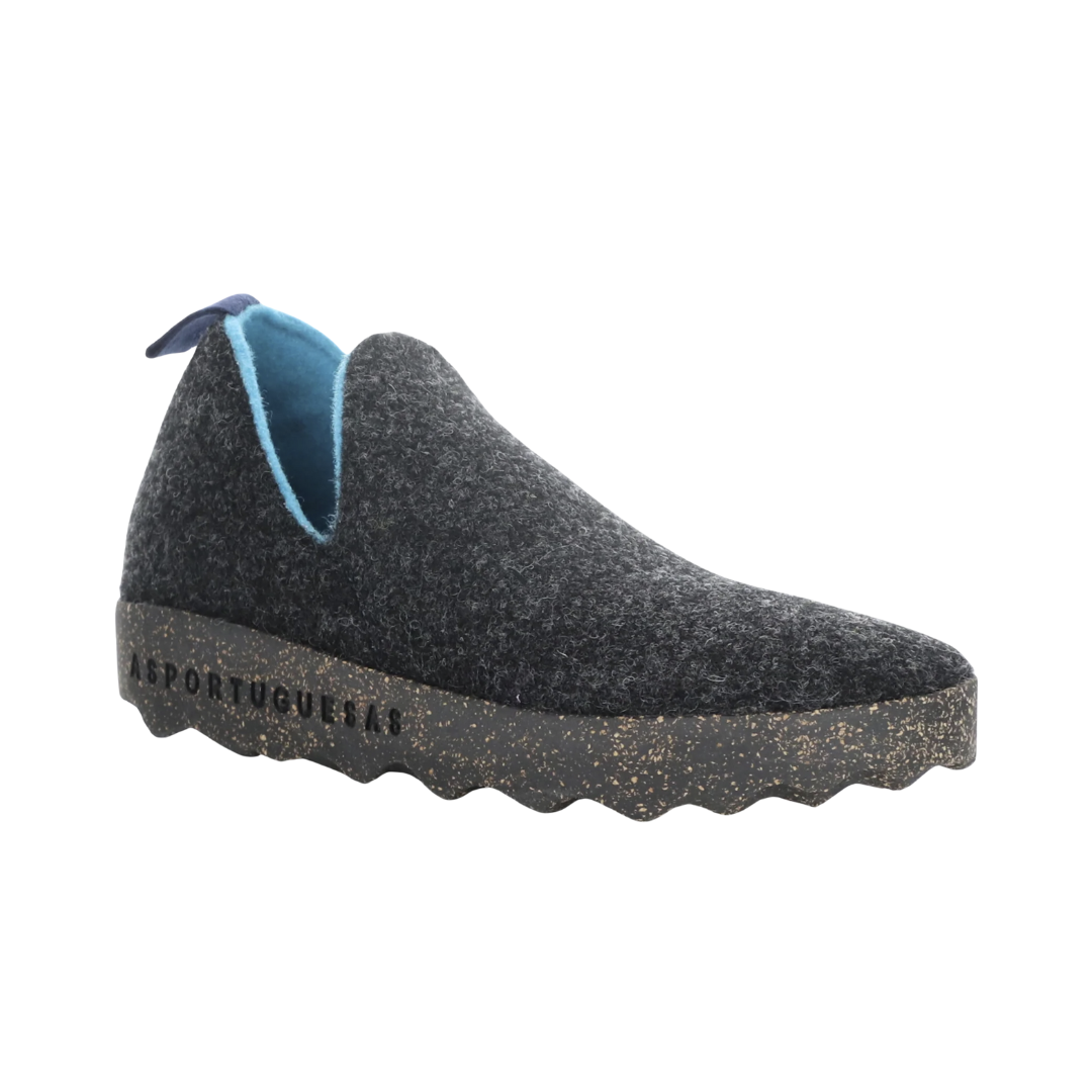 Side view of the Asportuguesas Women’s City Slip-On Shoe in Anthracite, showing the wool blend upper, elastic goring for a secure fit, and sleek slip-on design for easy everyday wear.