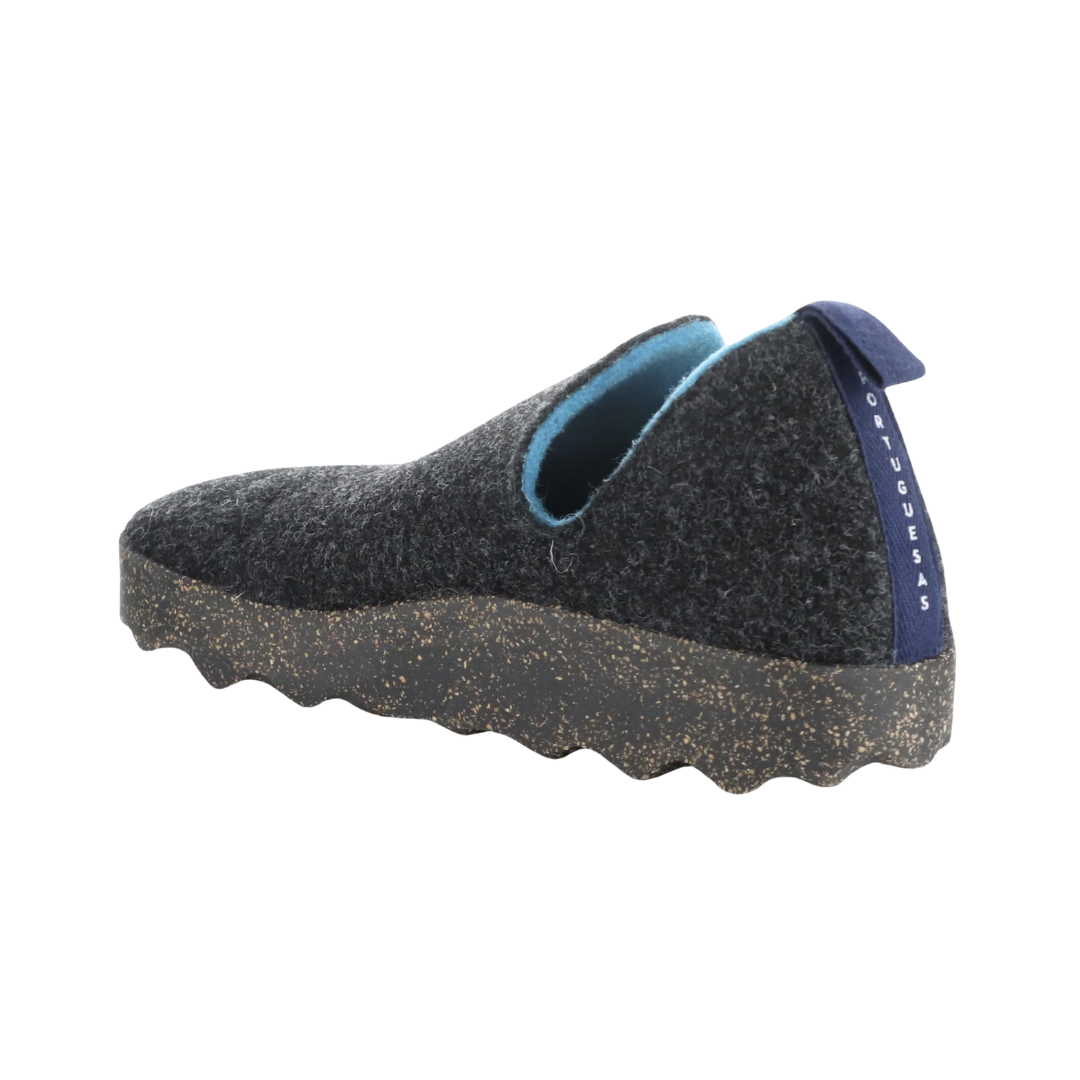 Heel view of the Asportuguesas Women's City Slip-On Shoe in Anthracite, highlighting the natural cork and rubber outsole for shock absorption, stability, and sustainable support.