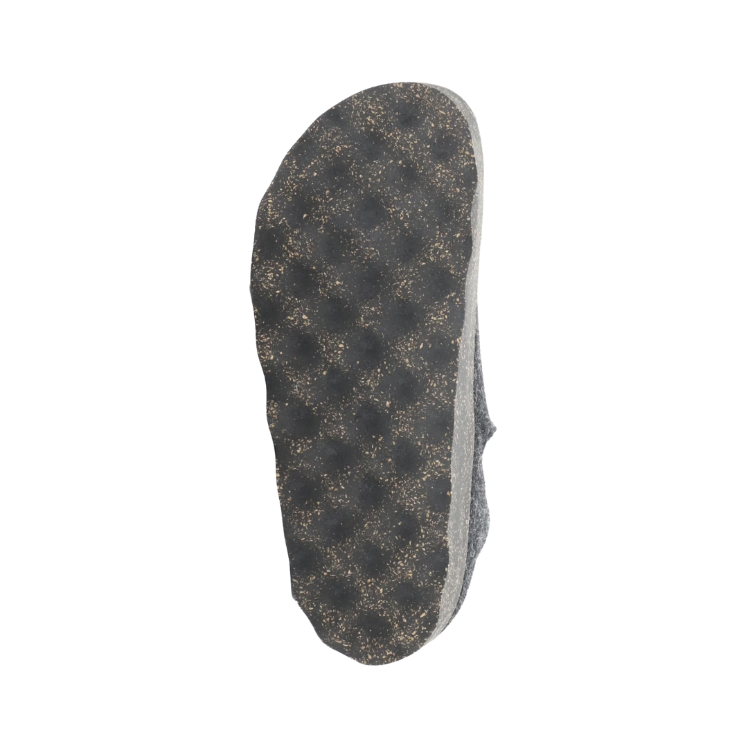 Bottom view of the Asportuguesas Women’s City Slip-On Shoe in Anthracite, highlighting the cork and rubber outsole for lightweight traction, shock absorption, and sustainable design.