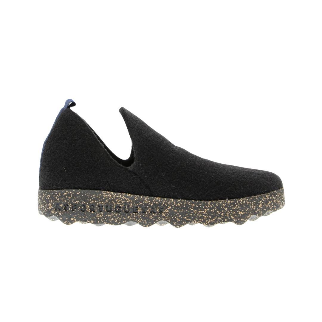 Side view of the Asportuguesas Unisex City Slip-On Shoe in Black Tweed, showing the wool blend upper, elastic goring for a secure fit, and sleek slip-on design for easy everyday wear.