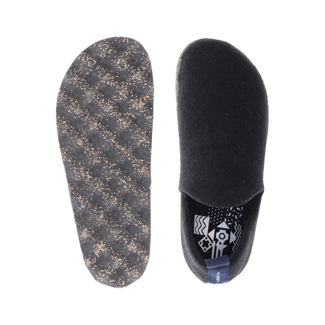 Top/bottom view of the Asportuguesas Unisex City Slip-On Shoe in Black Tweed, displaying the slip-on opening, elastic goring, and cushioned removable insole along with the cork and rubber outsole for lightweight, shock-absorbing support and sustainable traction.