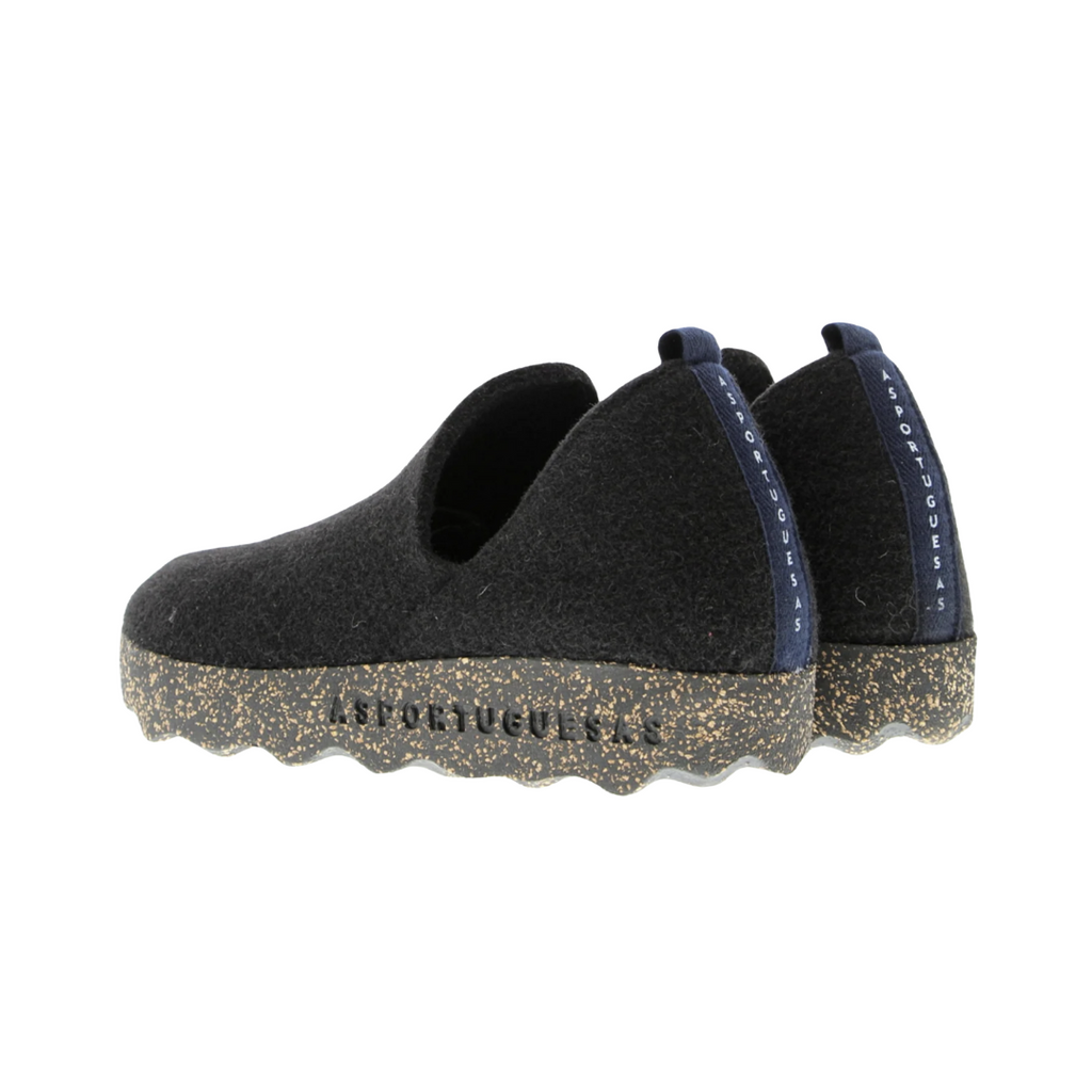 Heel view of the Asportuguesas Unisex City Slip-On Shoe in Black Tweed, highlighting the natural cork and rubber outsole for shock absorption, stability, and sustainable support.