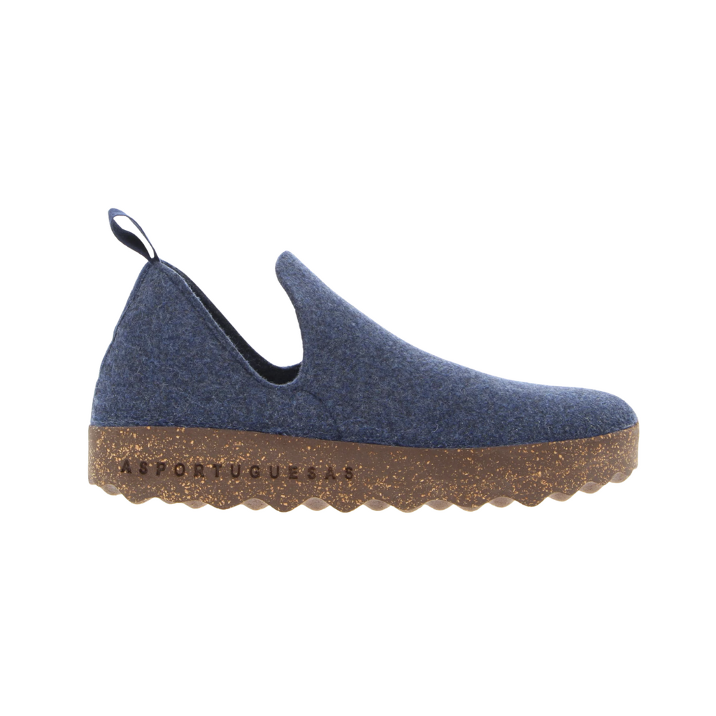 Asportuguesas City Slip-On Shoe in Blue Rewooly, sustainable casual slip-on footwear featuring a breathable wool blend upper, minimalist styling, removable cushioned insole, and lightweight cork rubber outsole.