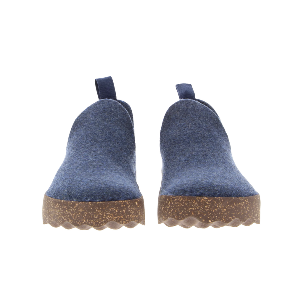 Front view of the Asportuguesas City Slip-On Shoe in Blue Rewooly showcasing the rounded toe shape, elastic slip-on entry, soft wool construction, and comfortable everyday walking design.