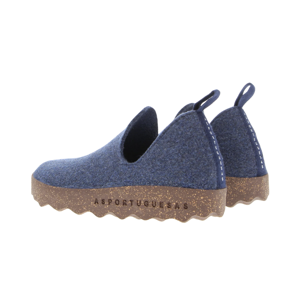 Back heel view of the Asportuguesas City Slip-On Shoe in Blue Rewooly highlighting the supportive heel design, durable sustainable materials, and shock-absorbing cork rubber outsole.