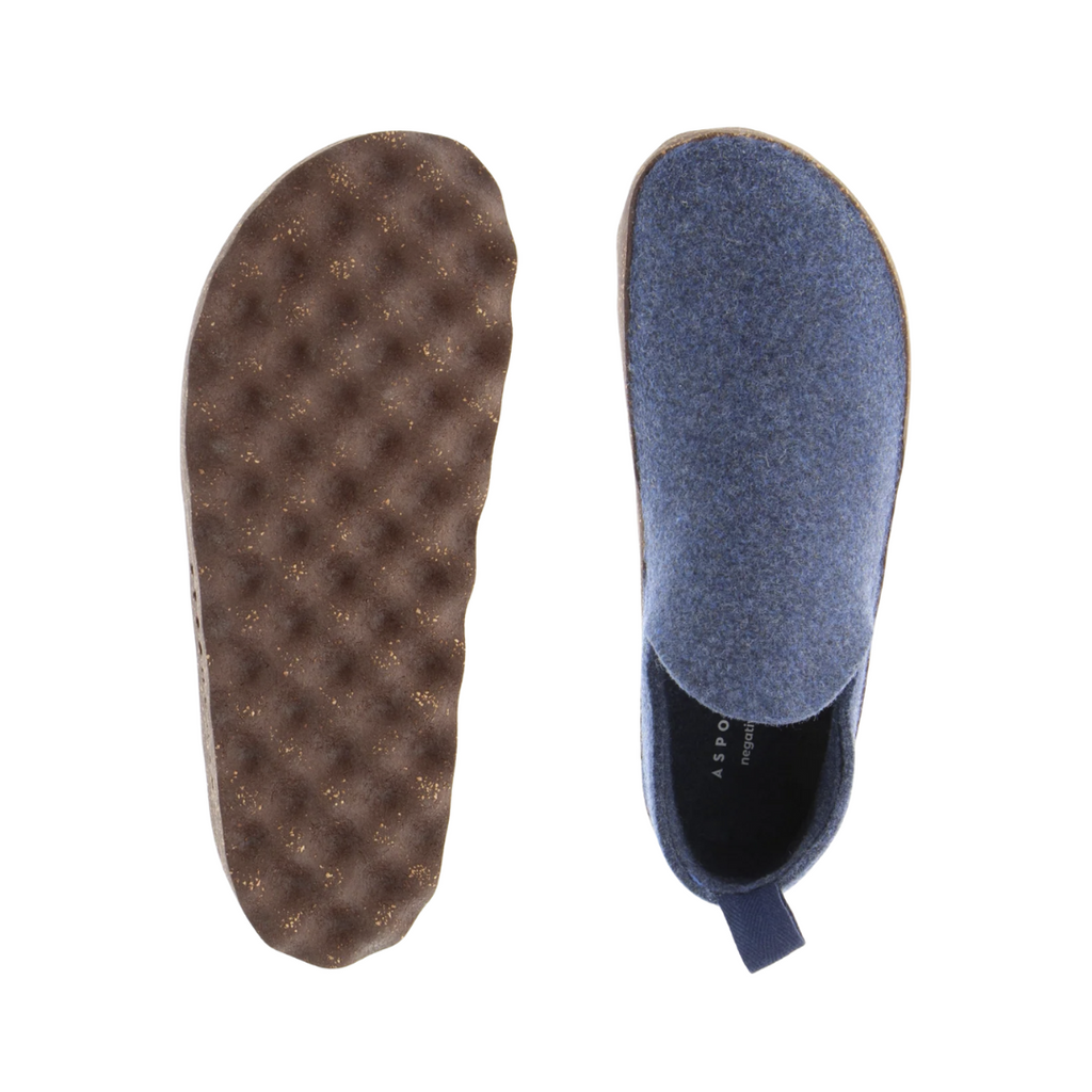 Top and bottom view of the Asportuguesas City Slip-On Shoe in Blue Rewooly showing the temperature-regulating wool blend upper, removable comfort insole, and eco-conscious outsole construction.