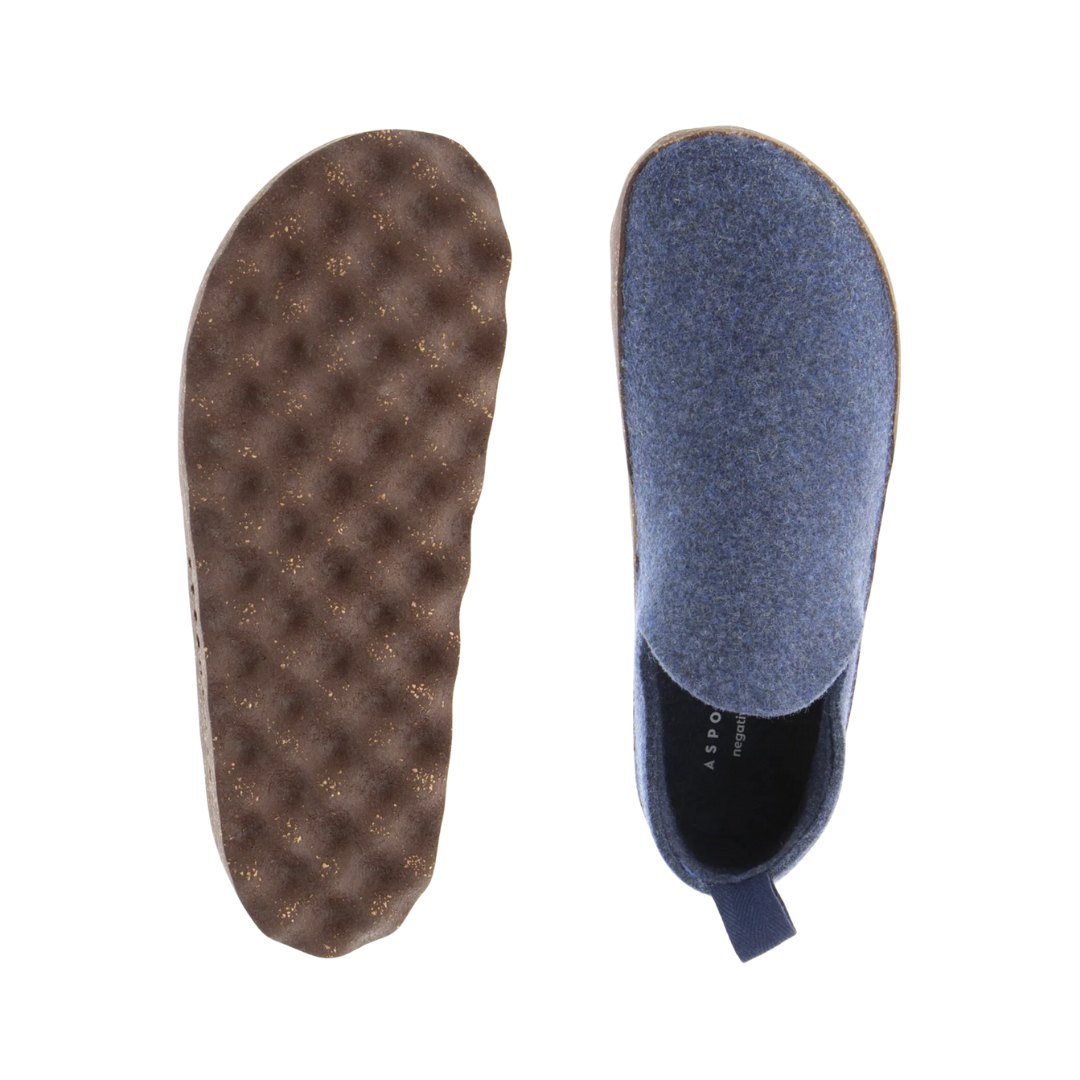 Top and bottom view of the Asportuguesas City Slip-On Shoe in Blue Rewooly showing the temperature-regulating wool blend upper, removable comfort insole, and eco-conscious outsole construction.