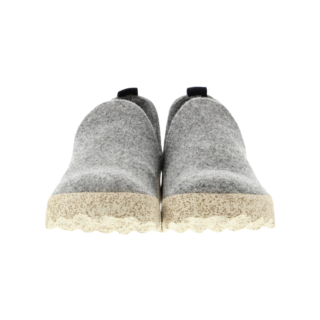 Front view of the Asportuguesas City Slip-On Shoe in Concrete Tweed showcasing the rounded toe shape, elastic slip-on entry, soft wool construction, and comfortable everyday walking design.
