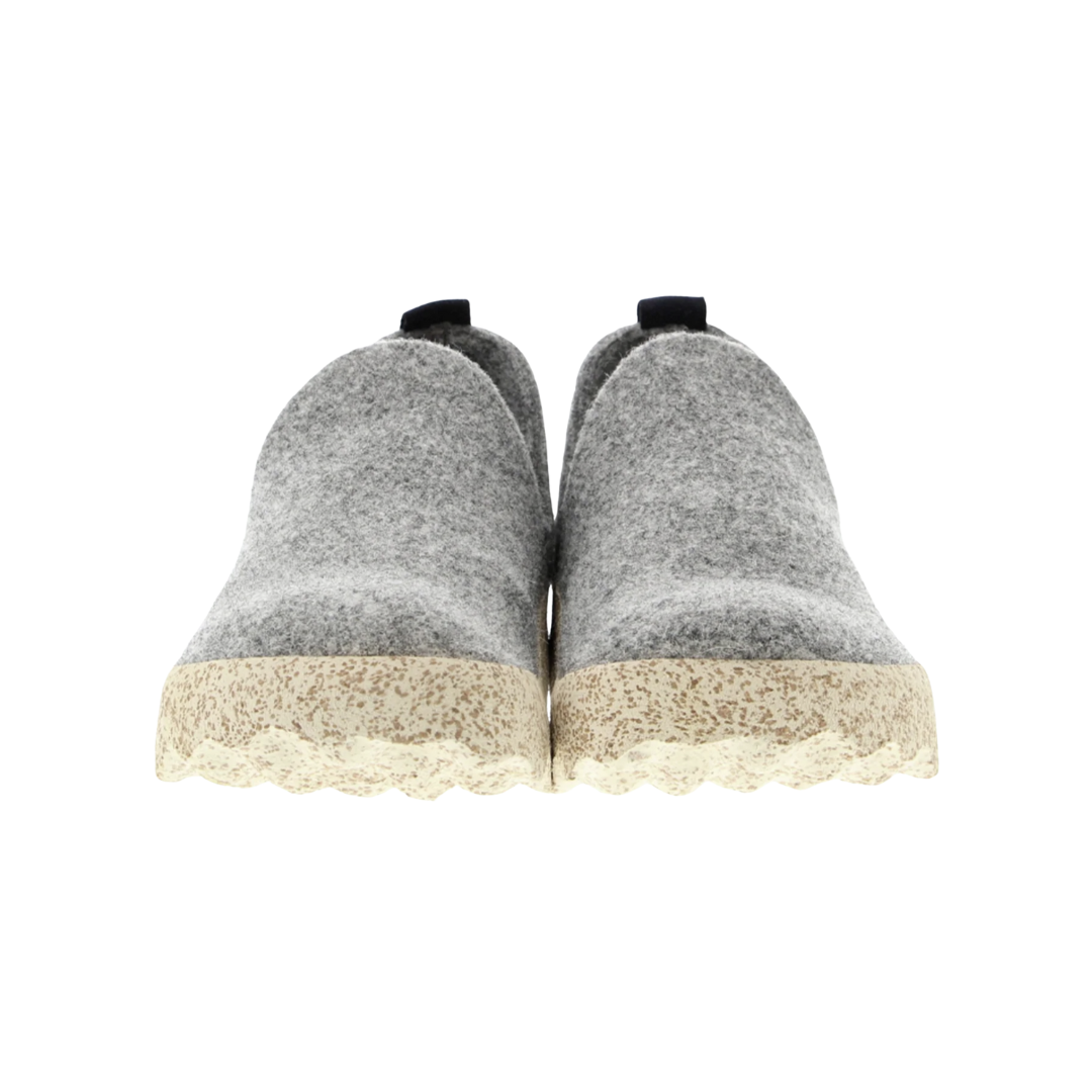 Front view of the Asportuguesas City Slip-On Shoe in Concrete Tweed showcasing the rounded toe shape, elastic slip-on entry, soft wool construction, and comfortable everyday walking design.