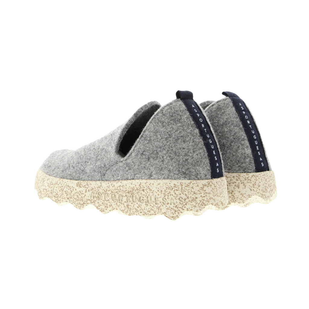 Back heel view of the Asportuguesas City Slip-On Shoe in Concrete Tweed highlighting the supportive heel design, durable sustainable materials, and shock-absorbing cork rubber outsole.