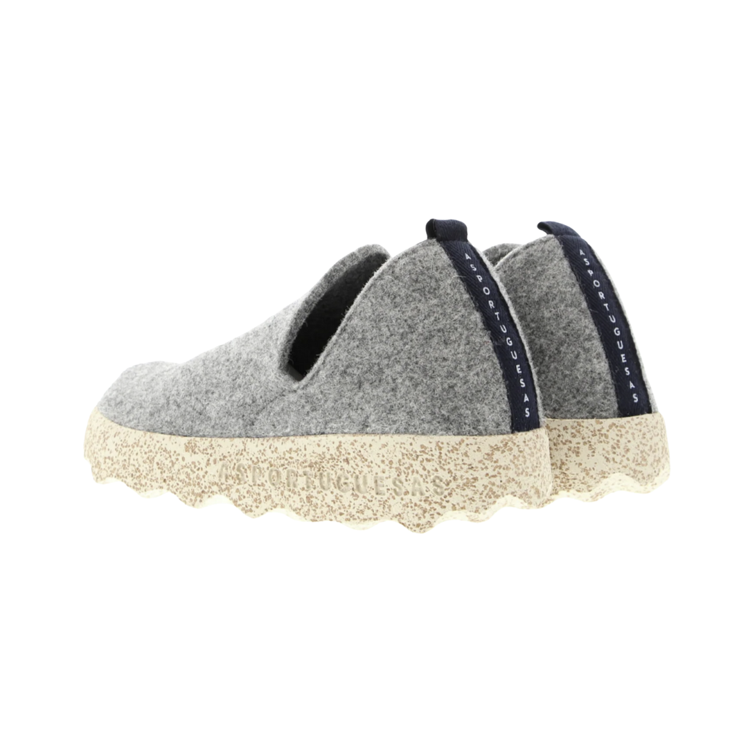 Back heel view of the Asportuguesas City Slip-On Shoe in Concrete Tweed highlighting the supportive heel design, durable sustainable materials, and shock-absorbing cork rubber outsole.