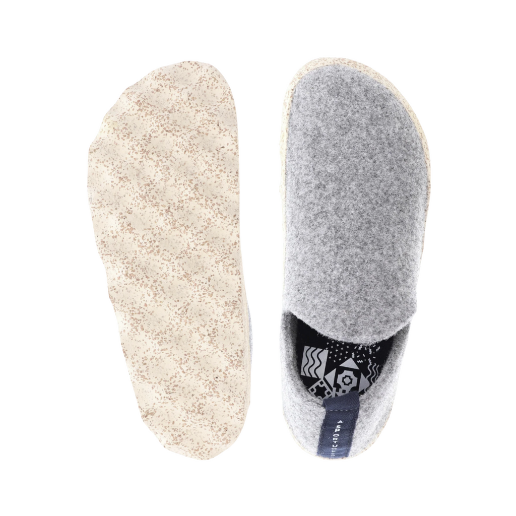 Top and bottom view of the Asportuguesas City Slip-On Shoe in Concrete Tweed showing the temperature-regulating wool blend upper, removable comfort insole, and eco-conscious outsole construction.