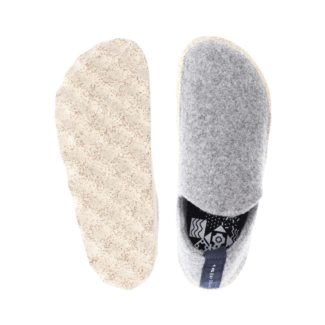 Top and bottom view of the Asportuguesas City Slip-On Shoe in Concrete Tweed showing the temperature-regulating wool blend upper, removable comfort insole, and eco-conscious outsole construction.