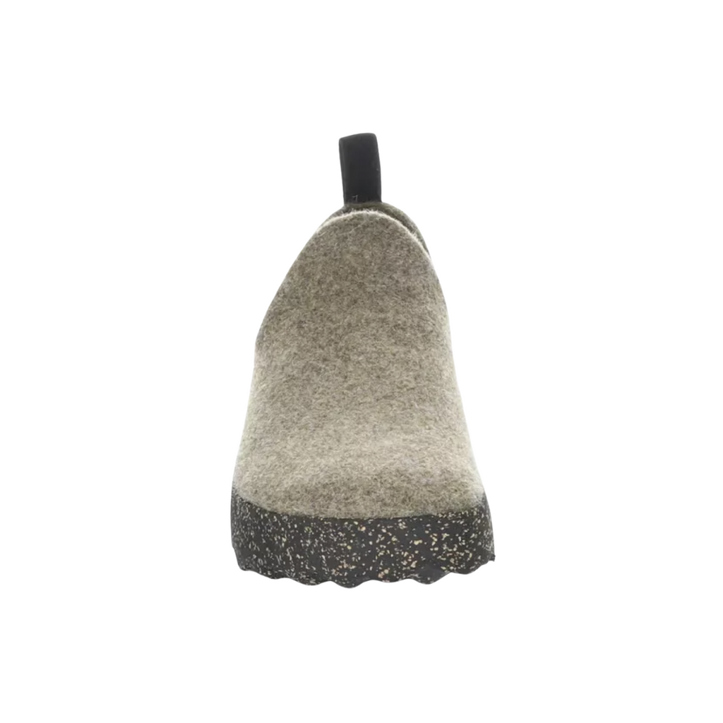 Front view of the Asportuguesas Women’s City Slip-On Shoe in Taupe Tweed, emphasizing the rounded toe, breathable wool blend upper, and minimalist, modern aesthetic.