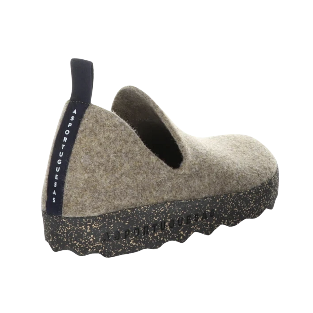 Heel view of the Asportuguesas Women’s City Slip-On Shoe in Taupe Tweed, highlighting the natural cork and rubber outsole for shock absorption, stability, and sustainable support.