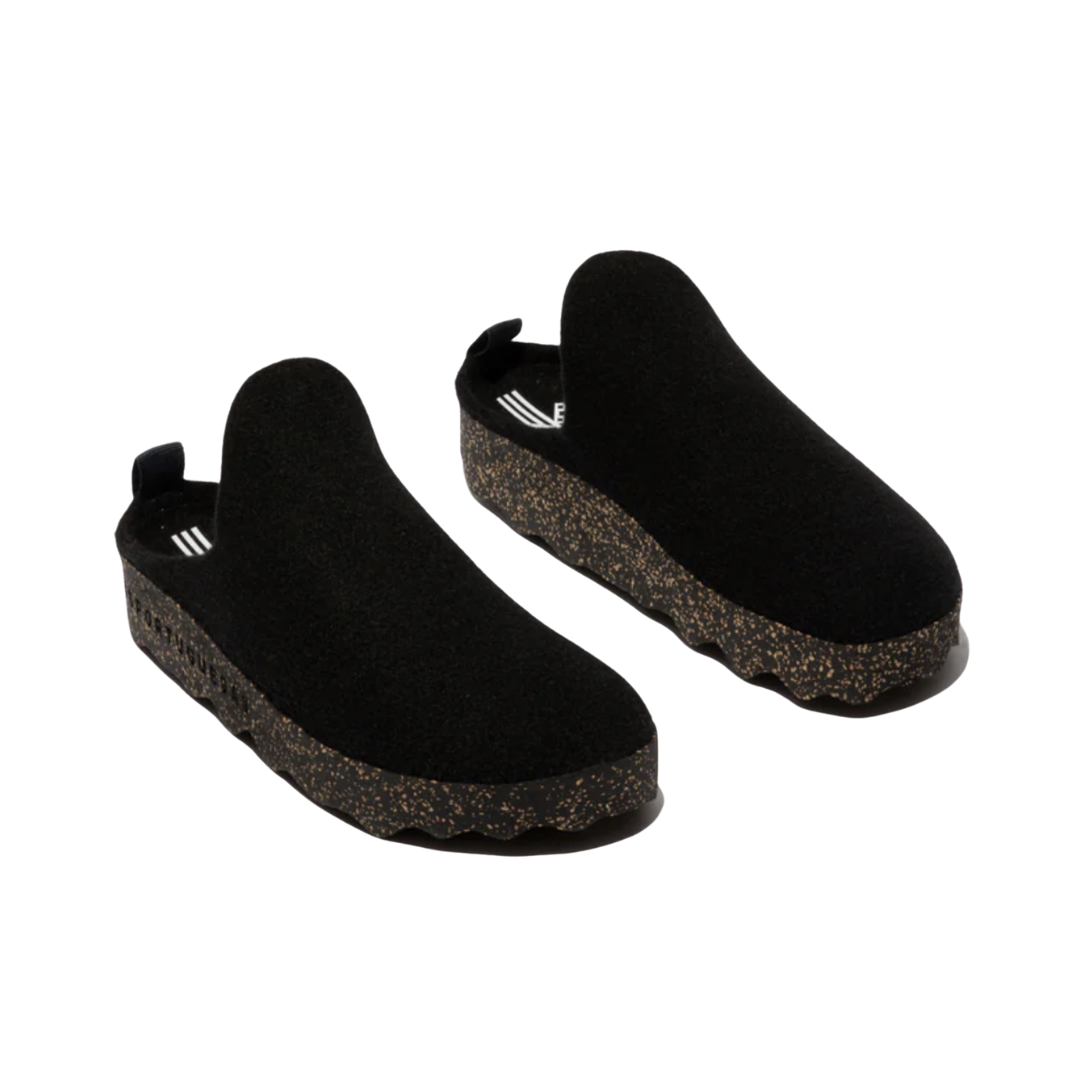 Top view of the Asportuguesas Women’s Come Slip-On Shoe in Black displaying the soft wool blend upper, breathable temperature-regulating materials, elastic side panels for easy entry, and removable insole designed to accommodate custom orthotics.