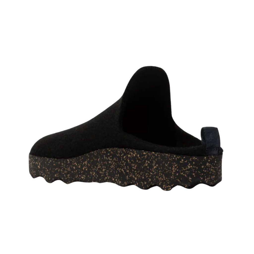Back heel view of the Asportuguesas Women’s Come Slip-On Shoe in Black highlighting the supportive heel construction, flexible slip-on design, eco-friendly cork rubber outsole, and lightweight cushioning for reduced foot fatigue.
