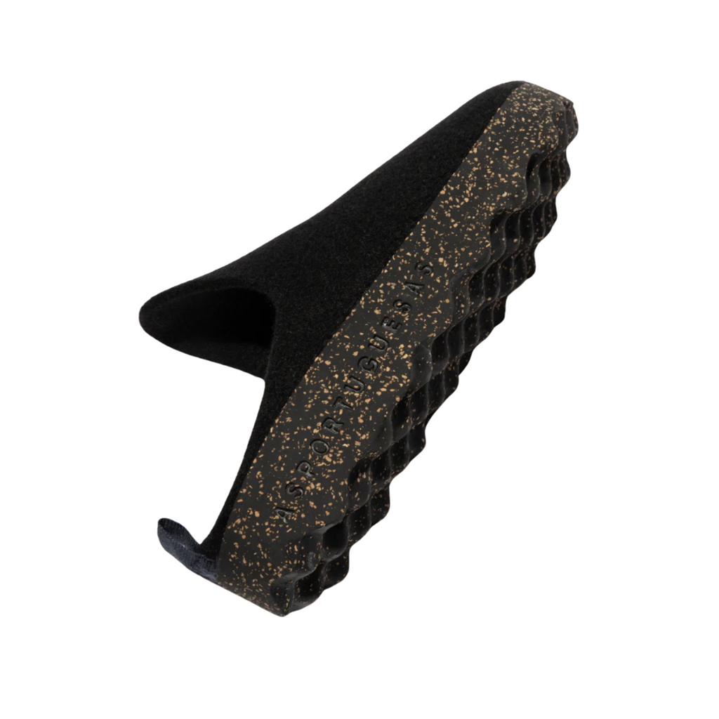 Asportuguesas Women’s Come Slip-On Shoe in Black featuring a minimalist casual slip-on design, sustainable wool blend upper, elastic side panels, removable cushioned footbed, and lightweight cork rubber outsole for everyday comfort and support.