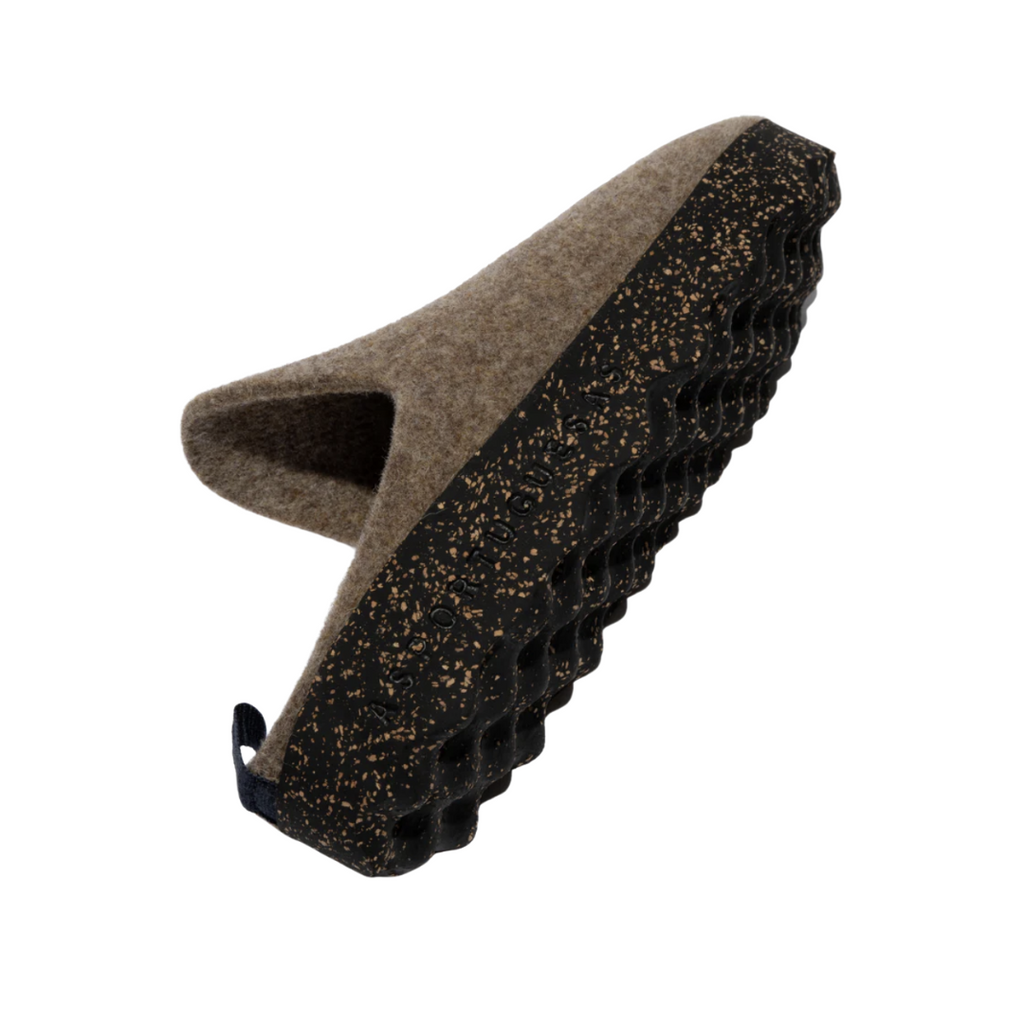 Side view of the Asportuguesas Unisex Come Slip-On Shoe in Taupe Tweed, showing the slip-on opening with elastic side panels and breathable wool blend upper for comfortable, adaptable wear.