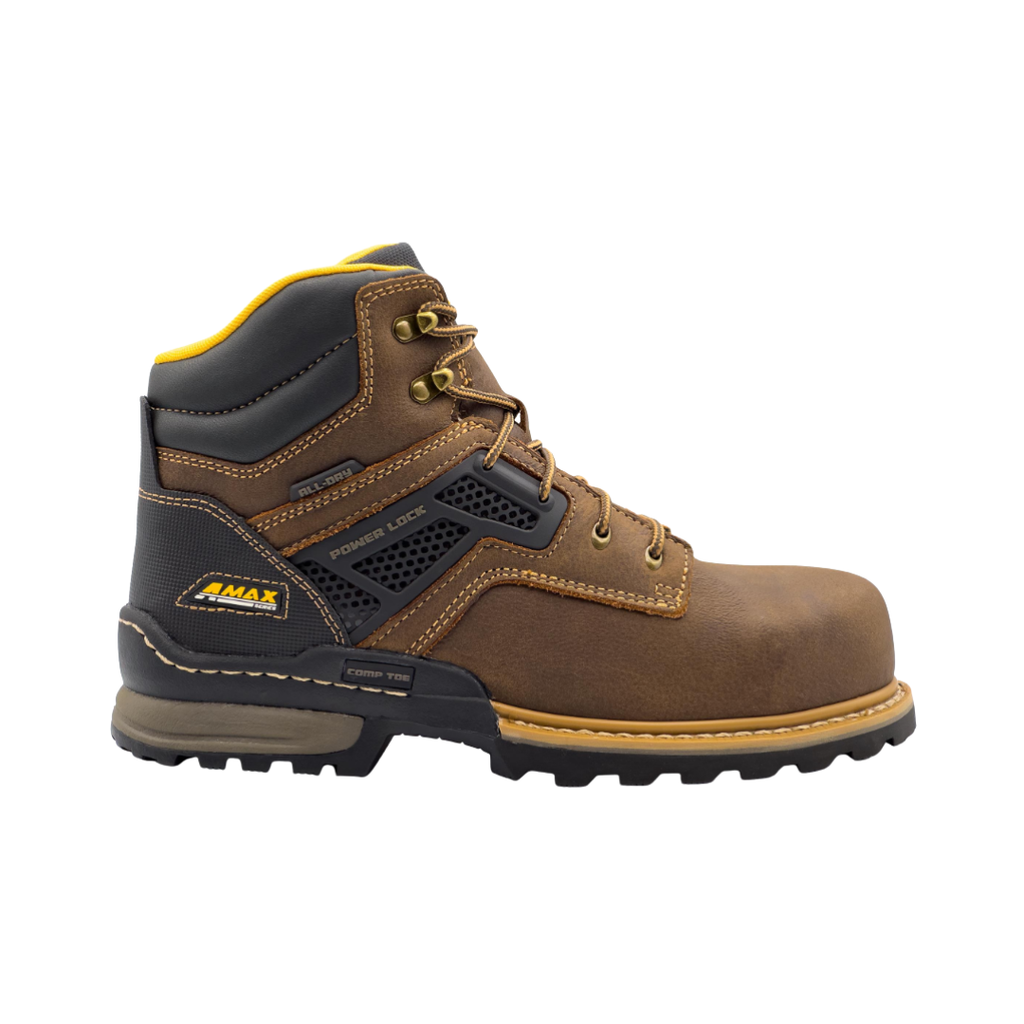 Avenger Men’s A-Max Dozer Composite Toe Boot in Brown featuring a rugged water-resistant leather upper, 6-inch work boot design, lightweight composite safety toe, removable cushioned footbed, and oil- and slip-resistant rubber outsole built for construction, warehouse, and industrial work environments.