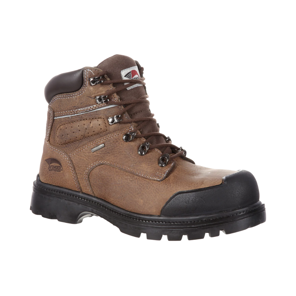 Men’s Avenger A7258 6" Waterproof Steel Toe Boot in Brown featuring a rugged full-grain leather upper, 6-inch work boot design, reinforced toe and heel guards, steel safety toe protection, removable cushioned PU footbed, and oil- and slip-resistant outsole built for demanding job sites.