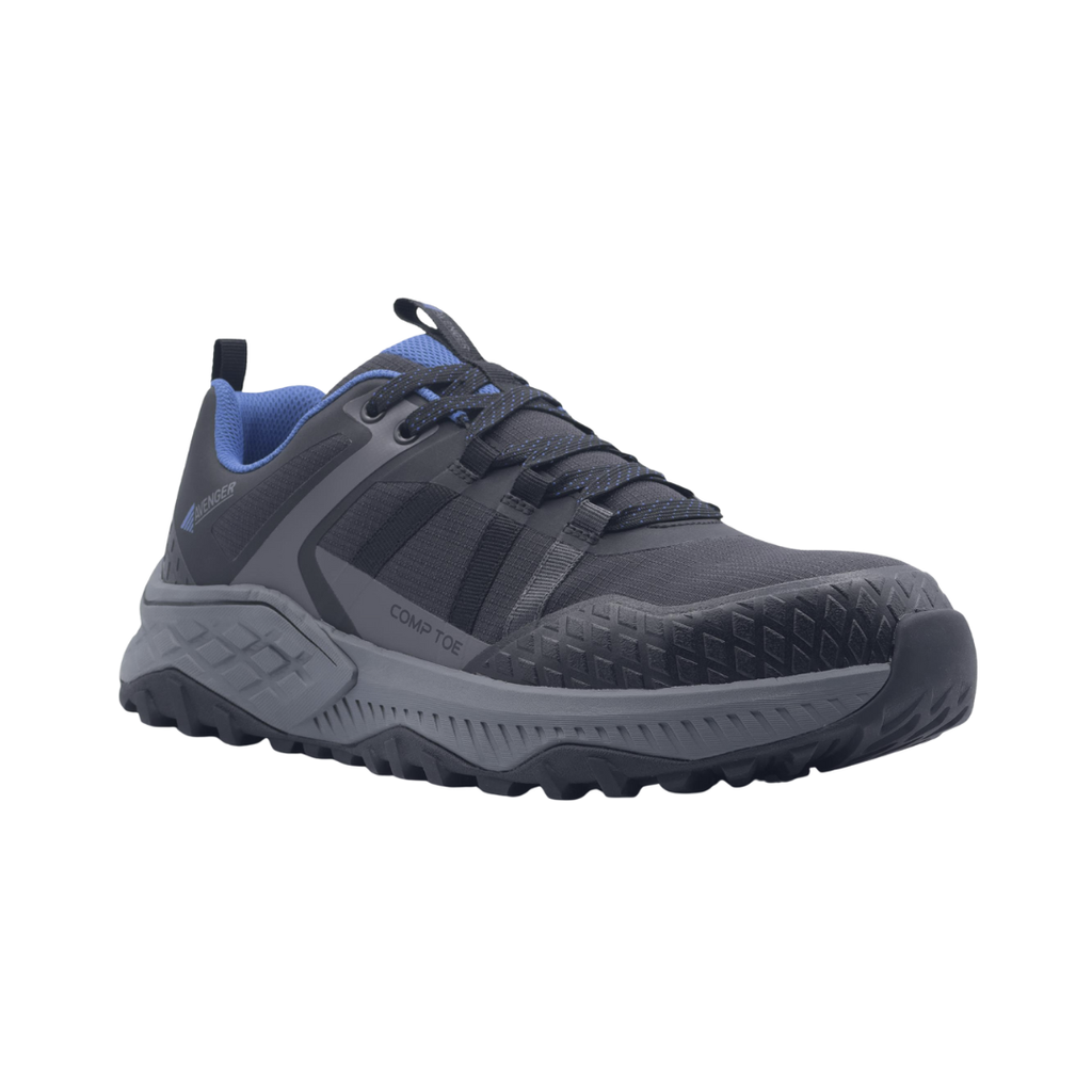 Avenger Men’s Aero Trail Composite Toe Athletic Shoe in Black/Blue featuring a sporty safety shoe design, breathable mesh upper with durable TPU overlays, ASTM-rated composite toe protection, cushioned EVA midsole, and slip-resistant rubber outsole for comfortable performance in demanding work environments.