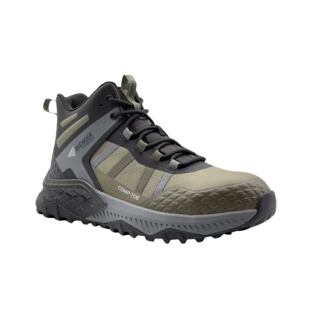 Avenger Men’s Aero Trail Mid Composite Toe Boot in Olive featuring a trail-inspired mid-height design, athletic mesh and synthetic upper, ASTM-rated composite safety toe, cushioned removable insole, puncture-resistant protection, and oil- and slip-resistant rubber outsole for lightweight jobsite performance.