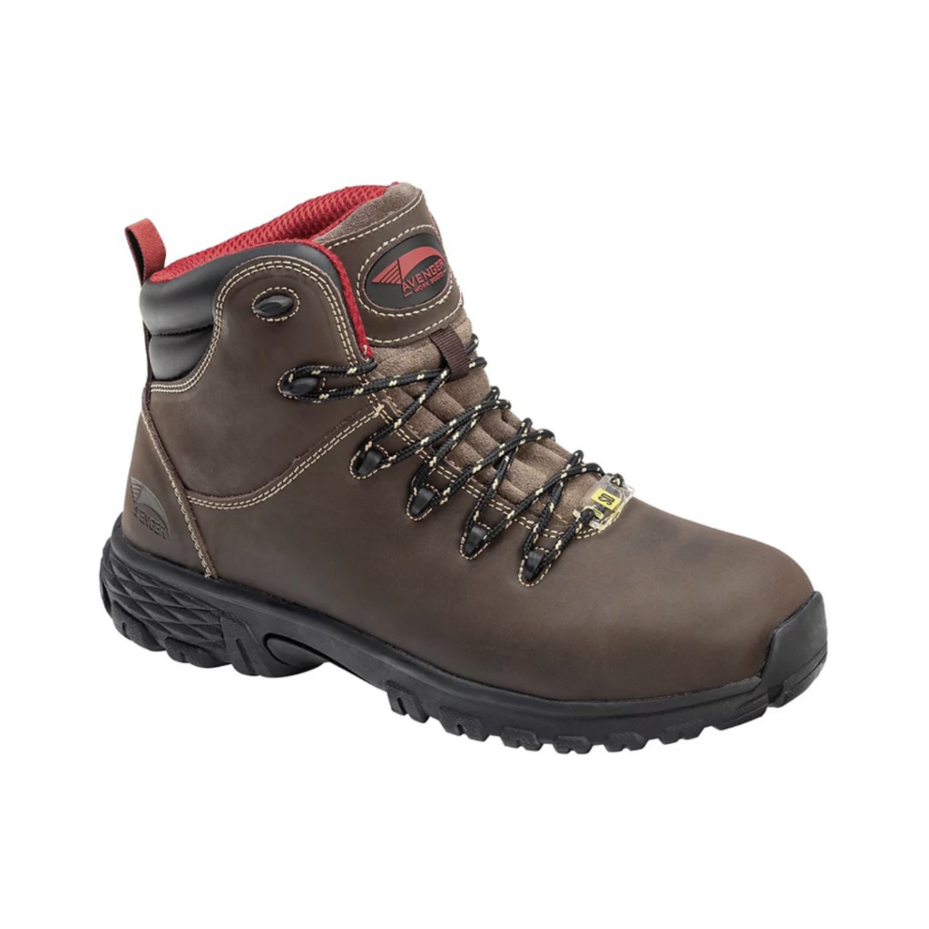 Avenger Men’s Flight 6" Aluminum Toe Boot in Brown featuring a rugged full-grain leather upper, 6-inch waterproof work boot design, lightweight ASTM-rated aluminum safety toe, cushioned EVA midsole, removable PU comfort insole, and oil- and slip-resistant outsole built for construction, warehouse, and industrial work.