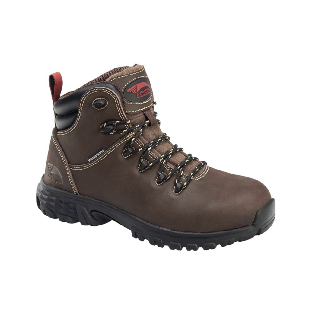 Avenger Women’s Flight 6" Aluminum Toe Boot in Brown featuring a durable full-grain leather upper, 6-inch waterproof work boot design, lightweight ASTM-rated aluminum safety toe, cushioned EVA midsole, removable PU comfort insole, and oil- and slip-resistant outsole designed for construction, warehouse, and industrial work environments.