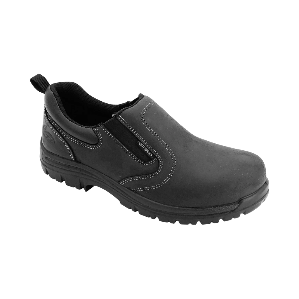 Avenger Men’s Foreman Slip-On Composite Toe Boot in Black featuring a durable full-grain leather upper, convenient slip-on design with elastic panels, ASTM-rated composite safety toe, waterproof membrane, pillow cushion footbed, and oil- and slip-resistant outsole designed for demanding work environments.