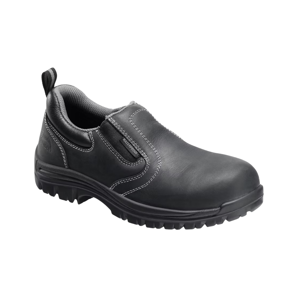 Side view of the Avenger Women’s Foreman Slip-On Composite Toe in Black featuring a sleek full-grain leather upper, convenient slip-on design with elastic gore panels, ASTM-rated composite safety toe, removable dual-density cushioned insole, and slip- & oil-resistant rubber outsole designed for professional work environments.