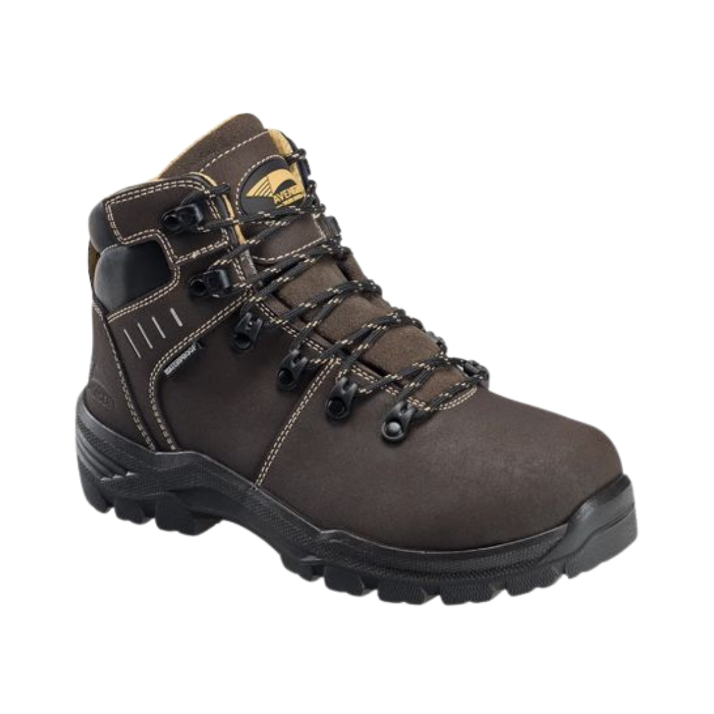 Side view of the Avenger Women’s Foundation 6" Carbon Toe Boot in Brown featuring a waterproof full-grain leather upper, 6-inch work boot design, ASTM-rated carbon nanofiber safety toe, internal MET Guard, puncture-resistant plate, cushioned PU footbed, and durable slip- and oil-resistant rubber outsole built for demanding work environments.