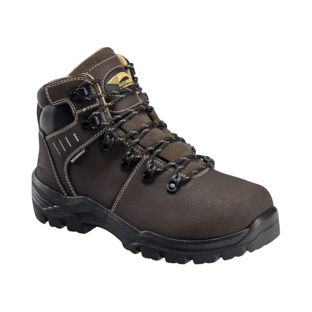 Side view of the Avenger Women’s Foundation 6" Carbon Toe Boot in Brown featuring a waterproof full-grain leather upper, 6-inch work boot design, ASTM-rated carbon nanofiber safety toe, internal MET Guard, puncture-resistant plate, cushioned PU footbed, and durable slip- and oil-resistant rubber outsole built for demanding work environments.