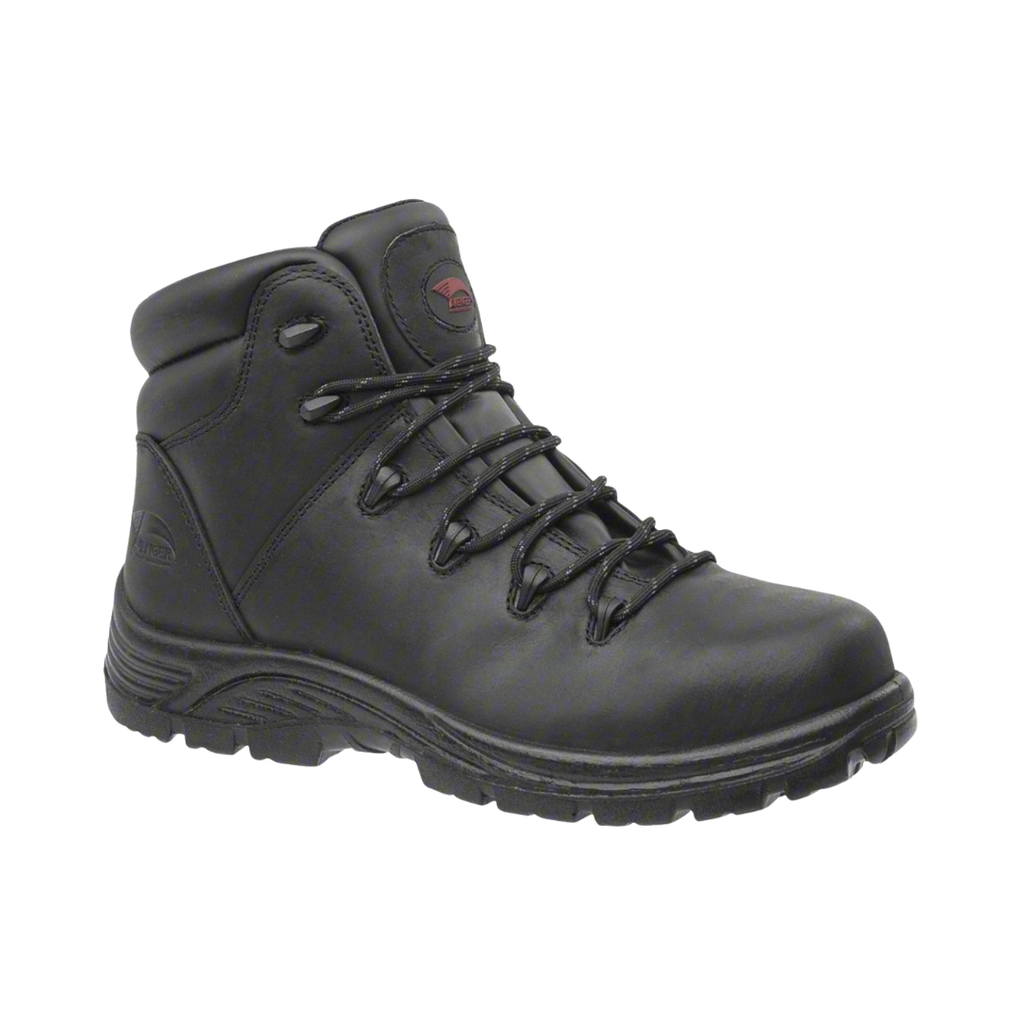 Side view of the Avenger Men’s Framer 6" Waterproof Composite Toe Boot in Black featuring a waterproof full-grain leather upper, 6-inch work boot design, ASTM-rated composite safety toe, removable PUREcomfort® dual-density PU footbed, advanced cement construction, and durable outsole built for demanding construction and industrial work environments.