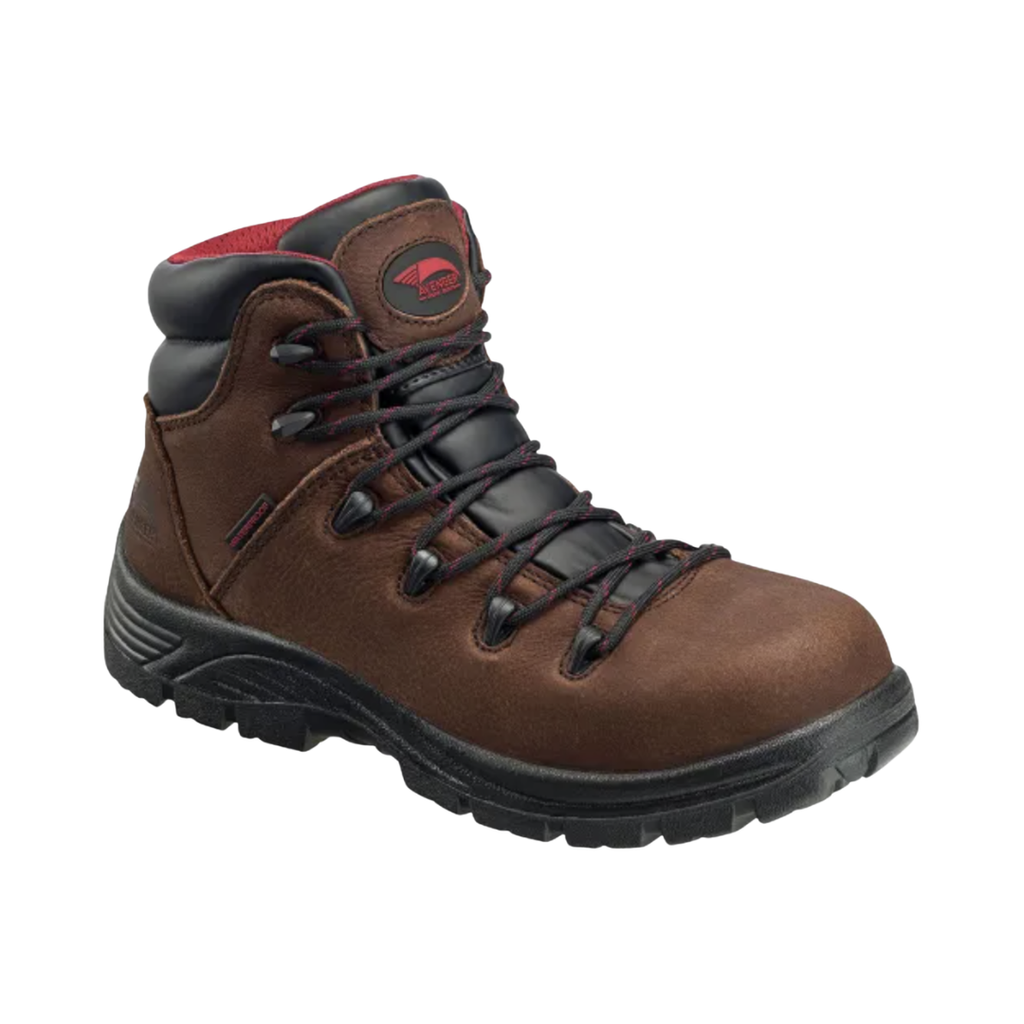 Side view of the Avenger Men’s Framer 6" Waterproof Composite Toe Boot in Brown featuring a rugged full-grain waterproof leather upper, 6-inch work boot design, ASTM-rated composite safety toe, removable PUREcomfort® dual-density PU footbed, advanced cement construction, and durable outsole built for demanding construction, framing, and industrial work environments.