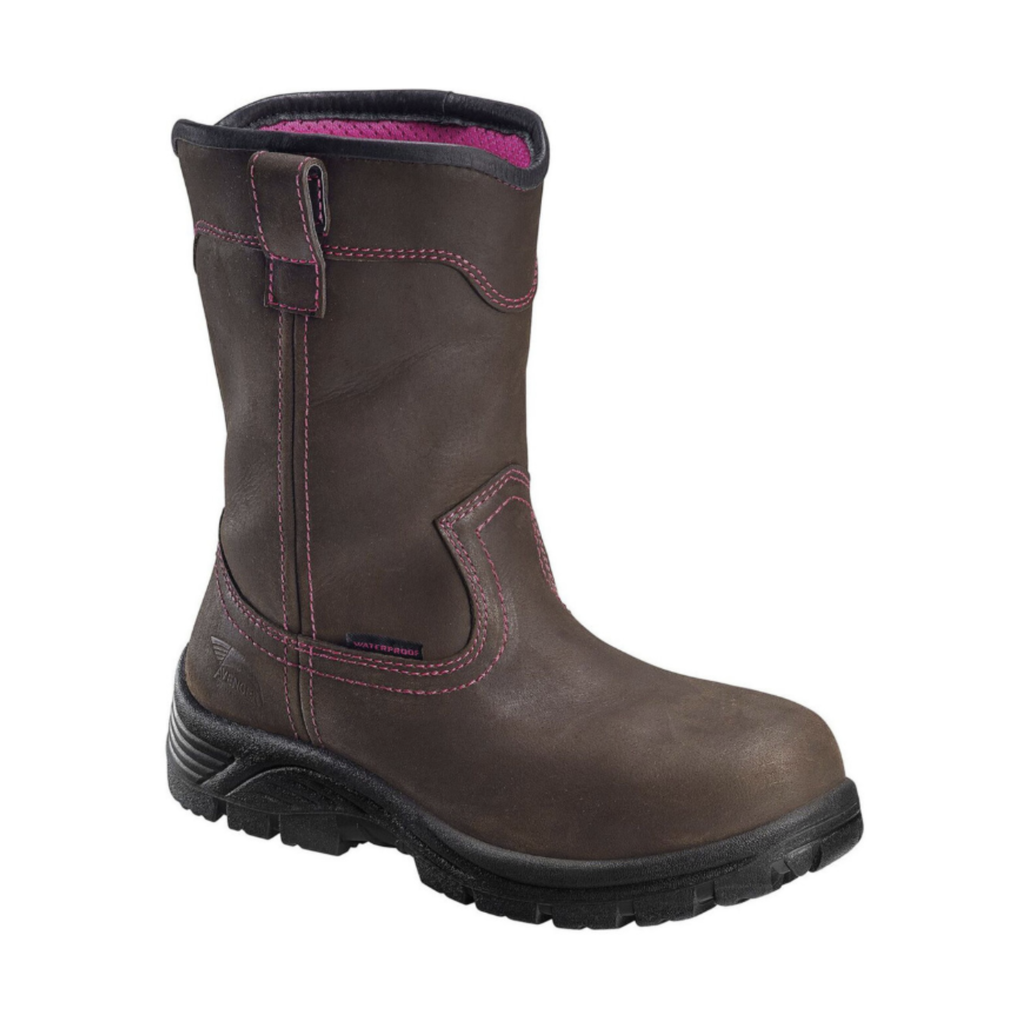 Side view of the Avenger Women’s Framer Wellington Composite Toe Boot in Brown featuring a durable full-grain leather upper, 12-inch Western-inspired pull-on shaft, ASTM-rated composite safety toe, dual pull tabs, removable cushioned insole, and oil- & slip-resistant rubber outsole designed for demanding work environments.