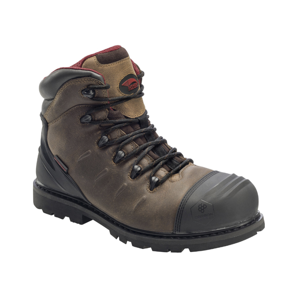 Side view of the Avenger Men’s Hammer Carbon Toe Boot in Brown featuring a rugged full-grain leather upper, waterproof membrane construction, ASTM-rated carbon nano safety toe, cushioned PU insole, cement construction, and oil- & slip-resistant outsole designed for demanding work environments.