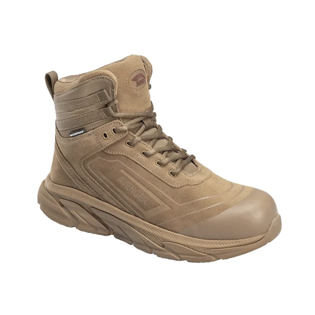 Side view of the Avenger Men’s K4 Aluminum Toe Boot in Coyote featuring a tactical-inspired mesh and synthetic upper, ASTM-rated aluminum safety toe, lightweight cement construction, EVA midsole cushioning, and slip-resistant rubber outsole designed for demanding work environments.
